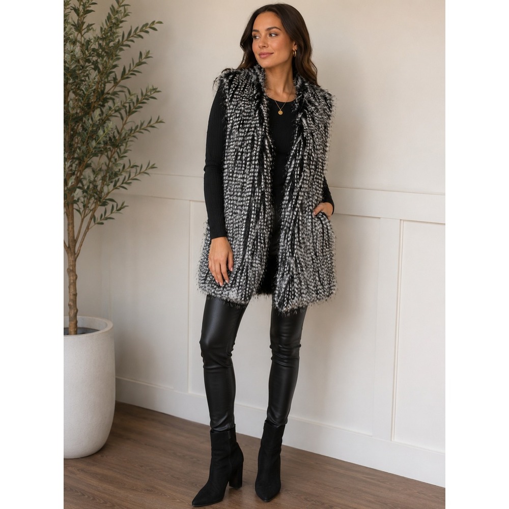 GB Gianni Bini Faux Fur Vest Black White Shaggy Open Front GB3297LHF Womens L